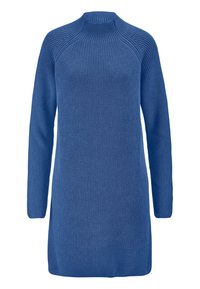Blå stickad klänning med hög hals, långa ärmar och ribbad textur. Har en avslappnad passform och rundad nederkant.