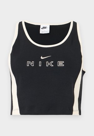 Must musta varrukateta lühike topp valge ääristuse ja küljeosadega, esiküljel keskel valge Nike tekst ja kiirkõnd logo.