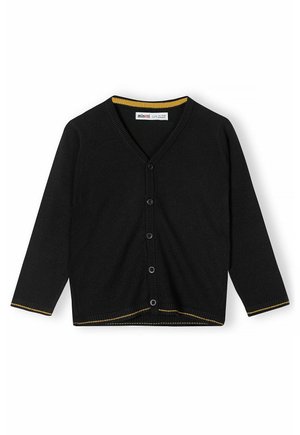 Cardigan en tricot noir avec un col en V, des manches longues, six boutons sur le devant et des accents jaunes le long du col et de l'ourlet.