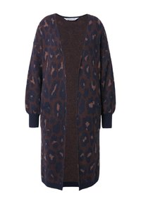 Cardigan à motif léopard en marron foncé et bleu marine, coupe oversize, devant ouvert, manches longues, avec deux poches avant. Texture en tricot douce.