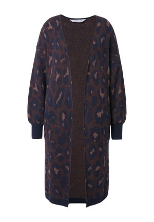 Leopard pattern cardigan in dark brown and navy blue, oversized fit, open front, long sleeves, with two front pockets. Soft knit texture.