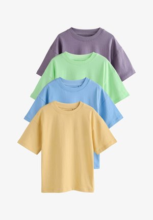 Vier kurzärmelige T-Shirts in Lavendel, Mintgrün, Himmelblau und Gelb. Hergestellt aus weicher Baumwolle, mit runden Ausschnitten und lässigem Schnitt.