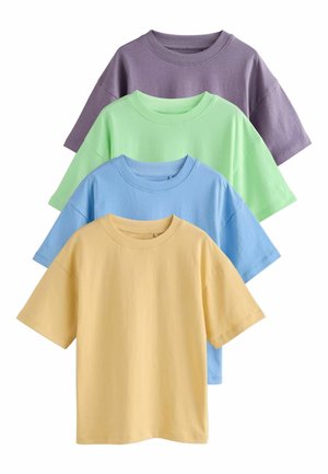 Four short-sleeved t-shirts in lavender, mint green, sky blue, and yellow. Made of soft cotton, featuring round necklines and relaxed fit.