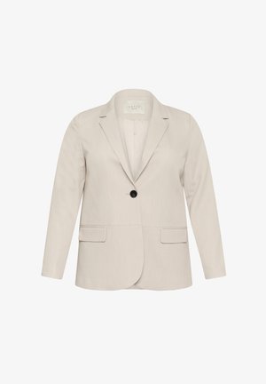 Svijetlosmeđa blazer jakna sa struktuiranim dizajnom, zatvaranje na jedan crni gumb, dva prednja džepa i glatku teksturu. Jednostavan rever.