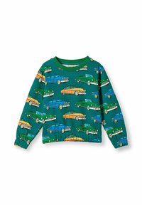 Zelená mikina s farebnými vintage autami v oranžovej, modrej a zelenej farbe, s elastickými manžetami a pásom.