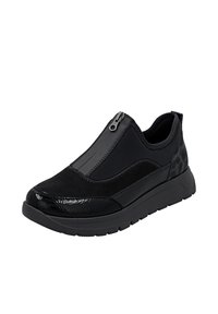 Chaussure noire à enfiler avec fermeture éclair, en suède texturé, accents en vernis lisse et semelle rembourrée avec un motif de traction subtil.