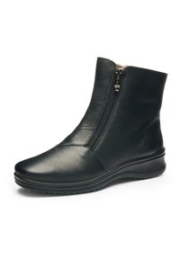 Black leather ankle boot with side zipper, rounded toe, and cushioned sole, shown on white background.
