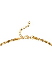 Collier en chaîne torsadée dorée avec fermoir en homard et extension ajustable. Texture lisse, finition éclatante et détails de design complexes.