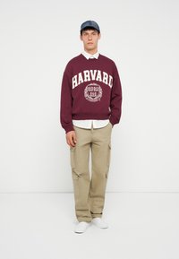 Burgundy kapucnis pulóver, rajta fehér "HARVARD" felirattal, bézs cargo nadrággal, amelyen több zseb található, és fehér sportcipő.