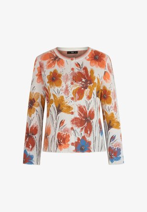 Cardigan con bottoni con motivo floreale arancione, giallo, rosso e blu su sfondo crema, maniche lunghe e scollo rotondo.