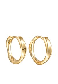 Pendientes de aro de oro con un diseño retorcido, acabado pulido, textura suave y un cierre seguro para facilitar su uso.