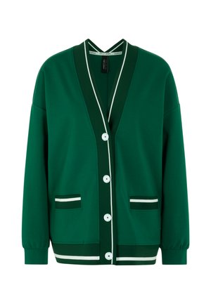 Green button-up cardigan with dark green and white striped trim, two front pockets, and long sleeves.
