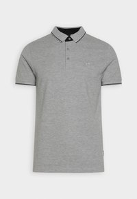 Grauer Polo-Shirt aus Baumwollmischung mit klassischem Kragen, schwarzem Besatz an den Ärmeln und kleinem Logo auf der Brust. Kurzärmelig, lässige Passform.