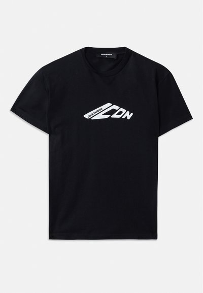Čierne bavlnené tričko s krátkymi rukávmi a okrúhlym výstrihom. Na prednej strane je biele grafické logo "DSQUARED2 CDN".