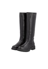 Schwarze kniehohe Stiefel aus glattem Leder mit runder Spitze und strukturiertem Gummisohle. Mit einem seitlichen Reißverschluss für einfaches An- und Ausziehen.
