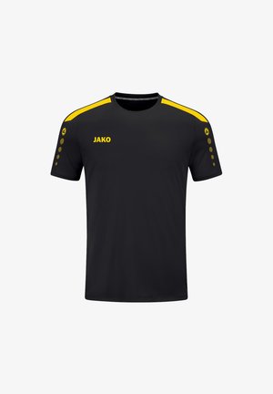 Schwarzes Sport-T-Shirt mit gelben Akzenten an Schultern und Ärmeln, mit gelbem "JAKO"-Logo, runder Ausschnitt, atmungsaktives Material.