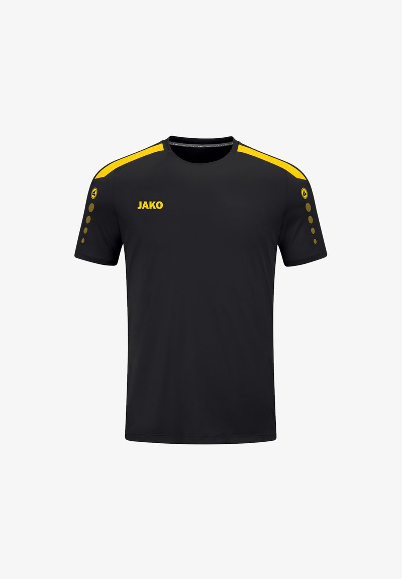T-shirt de sport noir avec des accents jaunes sur les épaules et les manches, arbore le logo "JAKO" en jaune, col rond, tissu respirant.
