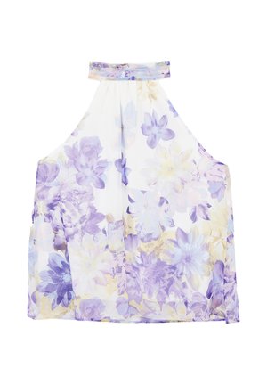 Mouwloze haltertop met witte achtergrond en grote bloemenprint in pasteltinten paars, blauw en geel, losse pasvorm.