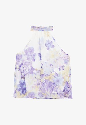 Mouwloze haltertop met witte achtergrond en grote bloemenprint in pasteltinten paars, blauw en geel, losse pasvorm.