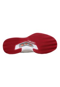 Suela de zapatilla deportiva roja y blanca con un patrón en zigzag, que presenta un acento gris y el logo "HEAD" cerca del talón. Texturizada para un mejor agarre.