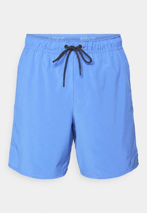 Blue shorts made of lightweight fabric, featuring an elastic waistband with a black drawstring and side pockets. Small logo accent.