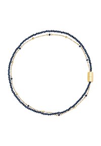 Collana di perline navy con accenti in catena dorata e chiusura cilindrica in oro. Le perline sono sfaccettate, creando un aspetto texture.