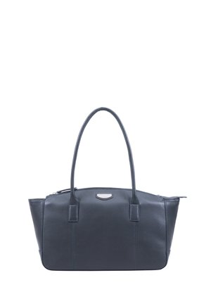 Black leather handbag with two handles, zip closure, and a small rectangular logo plate on the front center.