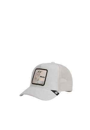 Hellgraue Baseballkappe mit Netzrücken und einem aufgenähten Patch mit Ziegenkopf und dem Schriftzug "DELUJU" auf dem Vorderpanel.