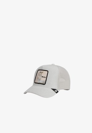 Hellgraue Baseballkappe mit Netzrücken und einem aufgenähten Patch mit Ziegenkopf und dem Schriftzug "DELUJU" auf dem Vorderpanel.