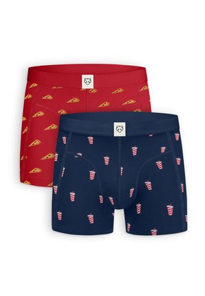 Two pairs of men's boxer briefs, one red with pizza slice pattern, one navy blue with red-and-white striped drink cup pattern.