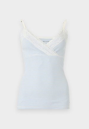 Blåt og hvidt stribet dame-camisole med hvidt blonderyd langs V-halsen og justerbare skulderstropper.