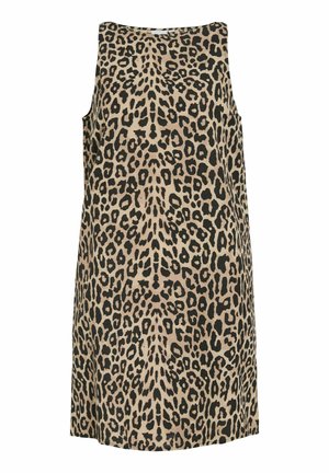 Hihaton beige mekko, jossa on symmetrinen musta leopardikuvio, suora leikkaus ja pyöreä pääntie.