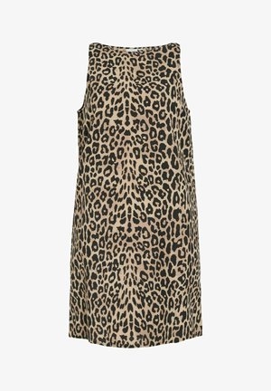 Hihaton beige mekko, jossa on symmetrinen musta leopardikuvio, suora leikkaus ja pyöreä pääntie.