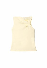 Top sin mangas amarillo con diseño retorcido en el escote, hecho de tela suave, con silueta ajustada y textura lisa.