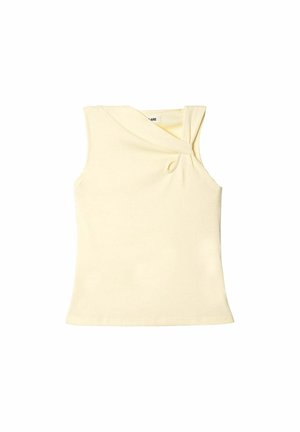 Top sin mangas amarillo con diseño retorcido en el escote, hecho de tela suave, con silueta ajustada y textura lisa.