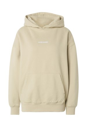 Beige hoodie with front kangaroo pocket, ribbed cuffs and hem, and small white "PEBAGOR" logo centered on chest.