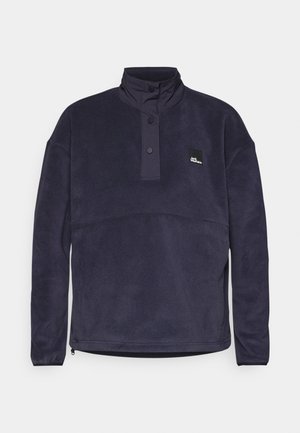 Námořnický fleecový pulovr s vysokým límcem, polo-gombíkovým zapínáním a logem. Má jemnou texturu a rovný střih.