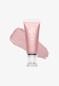 Tubetto rosa di Danessa Myricks Colorfix Foils con una base trasparente e arrotondata, accompagnato da un campione di glitter liquido scintillante.