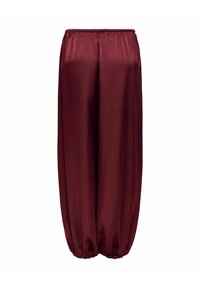 Pantalon large en satin bordeaux avec taille élastique et poignets élastiques froncés, présenté sur un fond blanc.