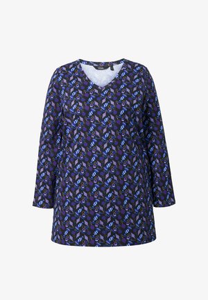 Top de manga larga con escote en V en tejido marino que presenta un estampado abstracto colorido con varias formas y diseños, mostrando una textura suave y un patrón uniforme.