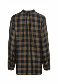 Bruine en zwarte geblokte blouse met lange mouwen, een geplooide hals en elastische manchetten, gemaakt van een soepele, lichte stof.