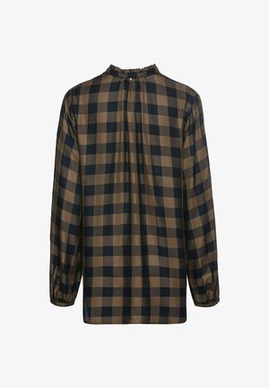 Brown and black checkered long-sleeve blouse with a gathered neck and elastic cuffs, featuring a smooth, lightweight fabric.