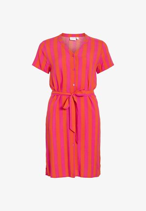 Rochie cu mâneci scurte, până la genunchi, cu dungi verticale roz și portocalii, cu nasturi în față, decolteu în V și curea din același material legată în talie.