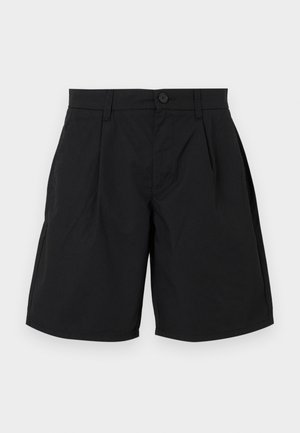 Black shorts made of smooth fabric, featuring a button closure, two front pleats, and side pockets with a relaxed fit and straight hem.