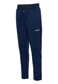 Marineblaue Sweatpants aus weichem Stoff mit elastischem Bund, Kordelzug und weißem Logo an der Seite. Gerade geschnittenes Design.
