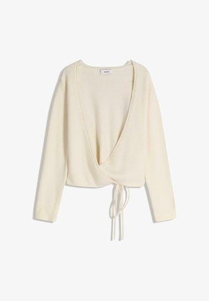 Kremasto ovit pulover iz mehkega blaga, z globokim V-izrezom, dolgimi rokavi in detajlom z zavezovanjem v pasu. Gladek tekstura, krajši dizajn.