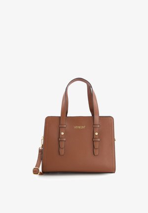 Hnědá kožená kabelka Venezia s dvojitými horními uchy, zlatým kováním a odnímatelným ramenním popruhem na bílém pozadí.