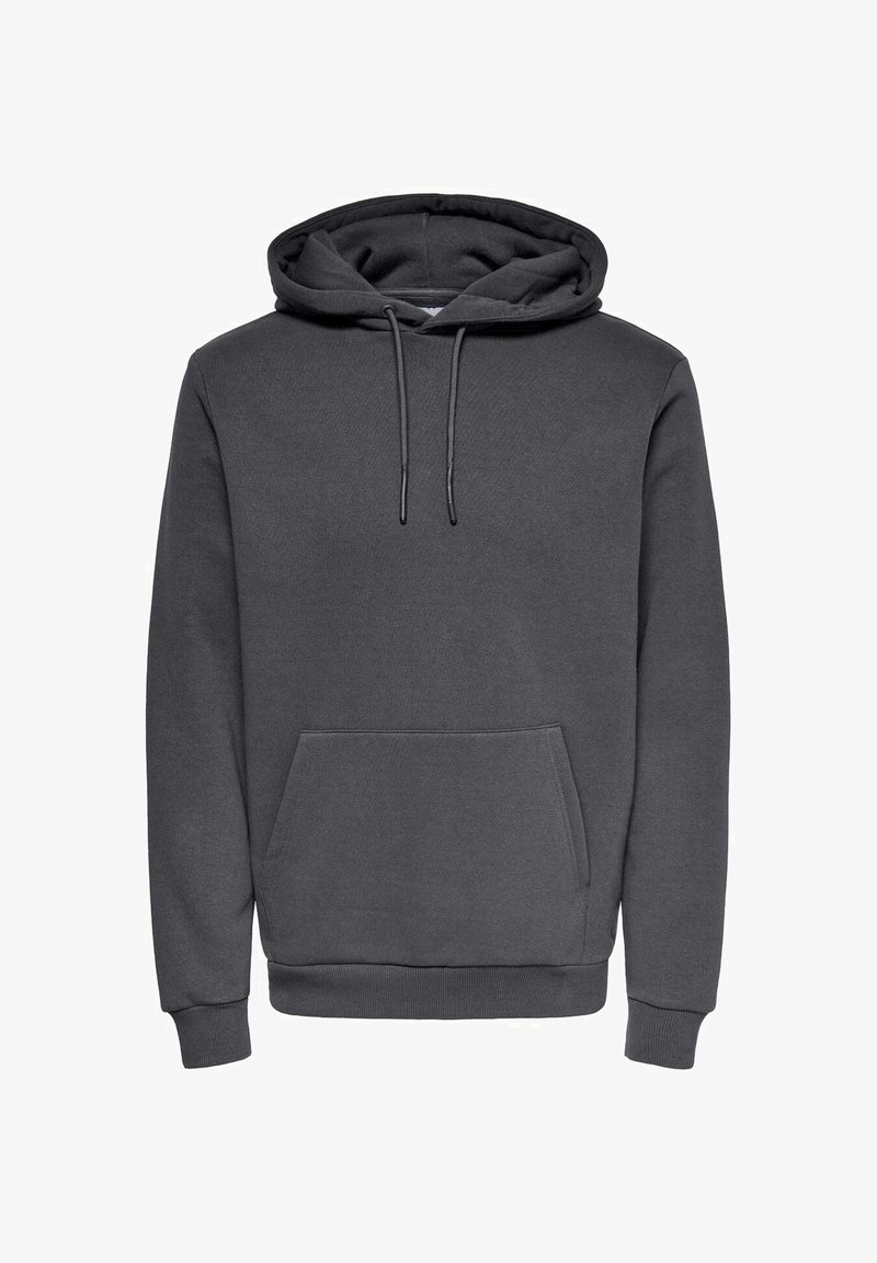 Gray hooded sweatshirt made from soft cotton blend material, featuring a front pouch pocket, drawstrings, and ribbed cuffs and hem.