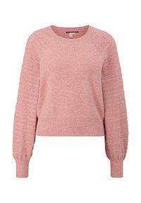 Pull rose en tricot avec manches longues à motif texturé, poignets côtelés et ourlet côtelé, avec un col rond.