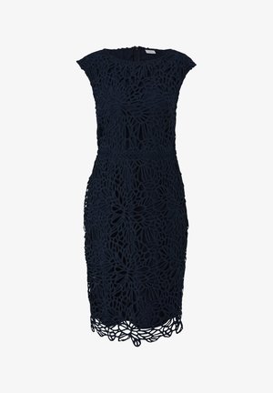 Dunkelblaues Spitzenkleid mit floralen Ausschnitten, tailliert, mit kurzen Ärmeln und gewelltem Saum, mit einem Reißverschluss hinten.